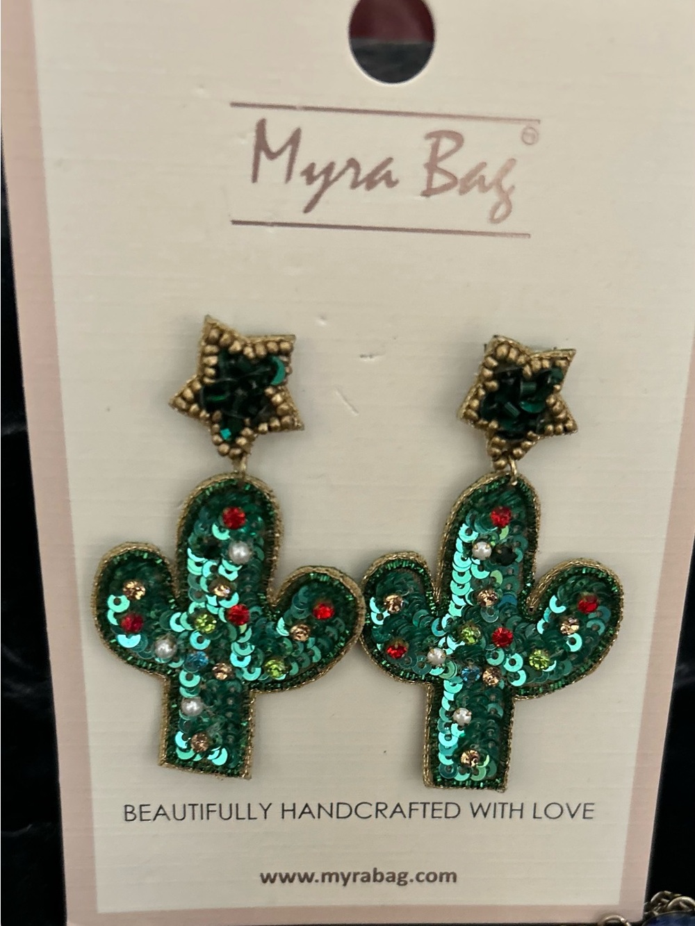 Myra Bag Green Sequin Cactus Drop Earrings with Gold Accents